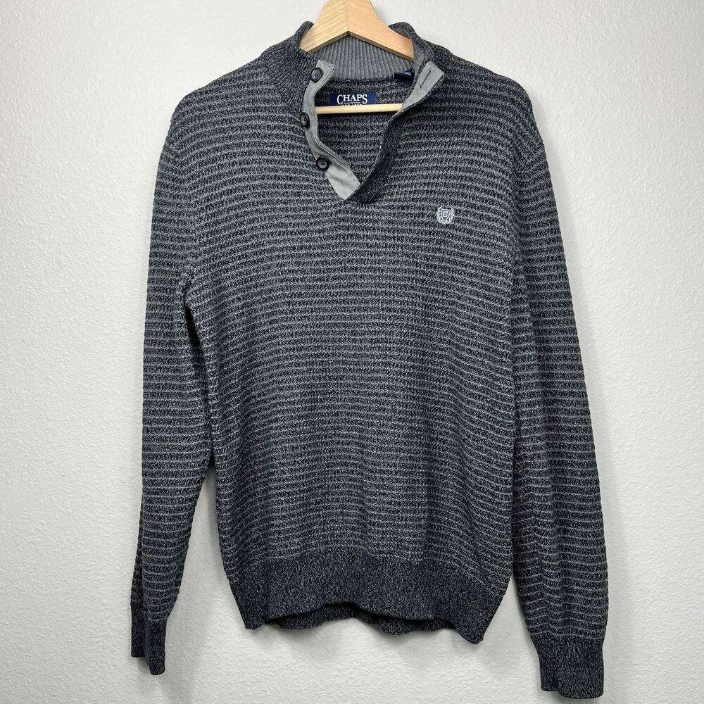 Chaps Mens 1/4 Zip Sweater Gray‎ Size M Striped Button Up Layers Preppy Coastal